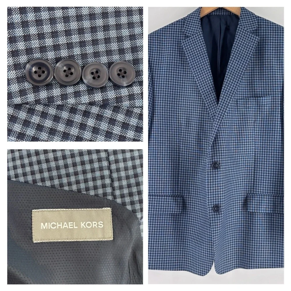 Michael Kors Blazer Mens 42R Blue Gingham Check Sport Coat Jacket Professional